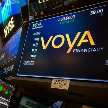 A terminal at the New York Stock Exchange showing the Voya logo on a computer screen via Bloomberg photo service