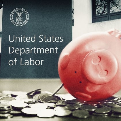 Piggy bank on side in front of Department of Labor sign