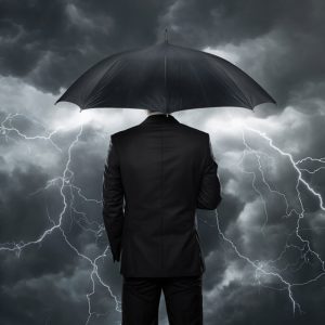 Businessman with umbrella in storm