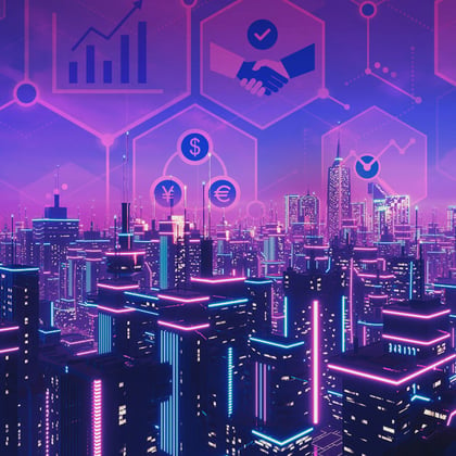 Image of a digital metaverse city and coins