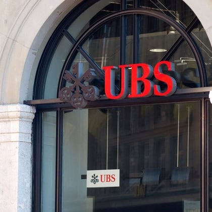 UBS building with its bright red sign at a location in Europe