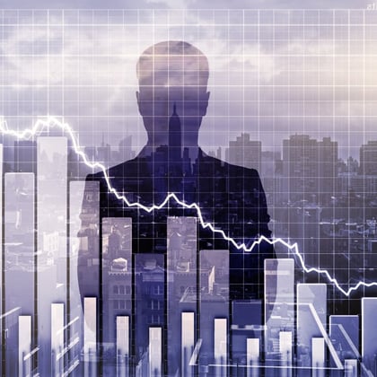 Adobe stock image in black, gray and white of bar charts going down in front of a sketch of a man and a cityscape outline.