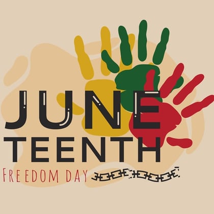 Image of 3 hands colored yellow green and red and a chain symbolizing slavery as part of Juneteenth Day's celebration on June 19.
