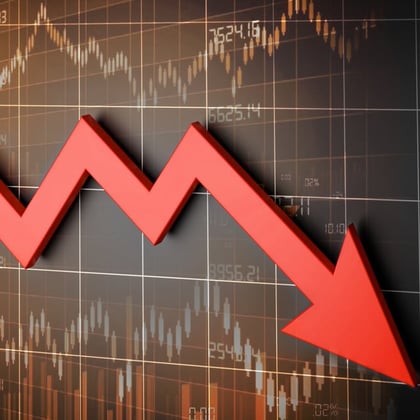 stock image of bright red arrow moving down over negative data charts