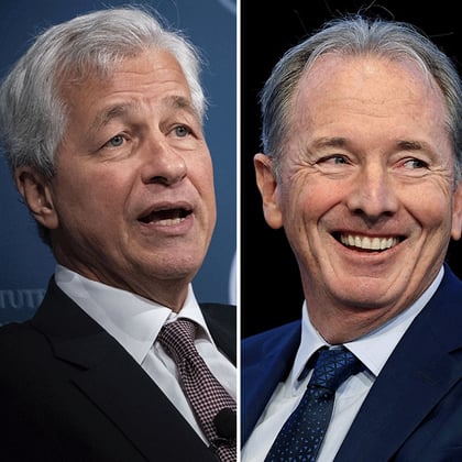 JPMorgan CEO Jamie Dimon, left, and Morgan Stanley CEO James Morgan, right.