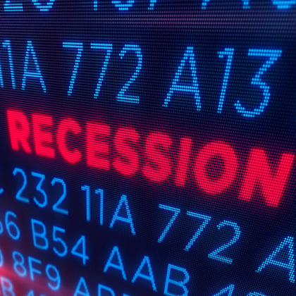 Adobe Stock image of the word Recession in Red surrounded by blue-colored numbers
