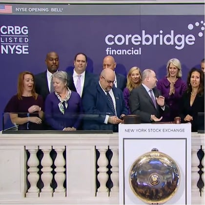 A screen capture showing Corebridge executives on the NYSE Opening Bell podium at the New York Stock Exchange, on Sept. 15, 2022.