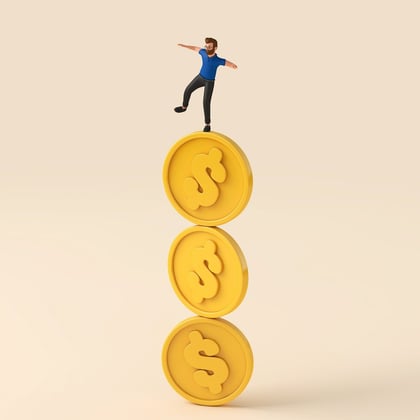 Person balancing on top of a dollar currency coin. Uncertain economy. 3D Rendering.