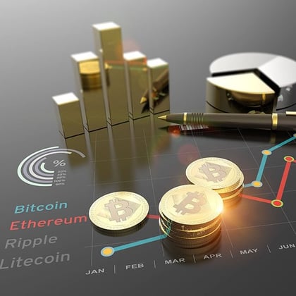 Several piles of Bitcoins and a pie chart of cryptocurrencies shining on a table next to gold bars, a 3D pie chart and gold and red lines showing price movement