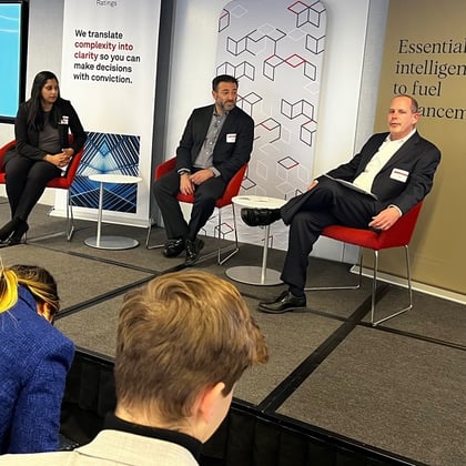 Heena Abhyankar, Carmi Margalit and Neil Stein talked about the business conditions facing U.S. life and annuity issuers Jan. 26, at a conference in New York. (Photo: Allison Bell/ALM)