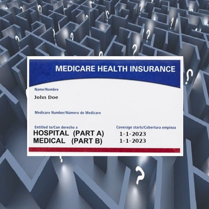 A Medicare card on a maze of question marks