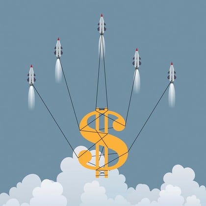 Vector illustration of a big dollar symbol lifted up by several rockets.