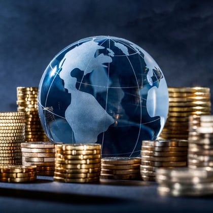 Glass globe surrounded by coins