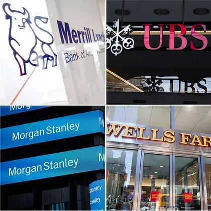 Merrill Lynch, UBS, Morgan Stanley, Wells Fargo signs from Bloomberg images