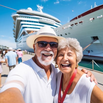 a senior couple in front of a cruise ship