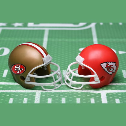 Football helmets of the San Francisco 49ers vs Kansas City Chiefs from Adobe
