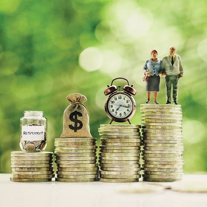 Senior couple, clock, money bag, saving jar on steps of rising coins