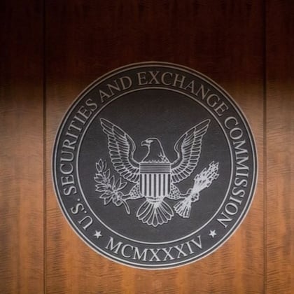 The SEC seal on a wall in the SEC's offices