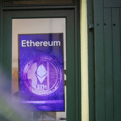 Ethereum logo in the window of a cryptocurrency exchange office