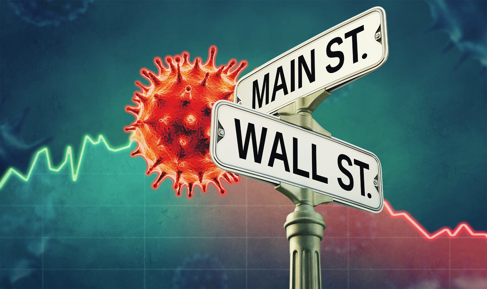 Illustration of Covid virus next to Main Street and Wall Street signs