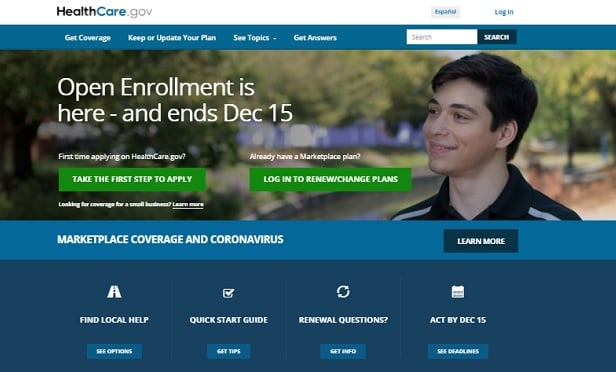 A screenshot from the HealthCare.gov homepage. It shows a young man looking at a warning that open enrollment ends Dec. 15.