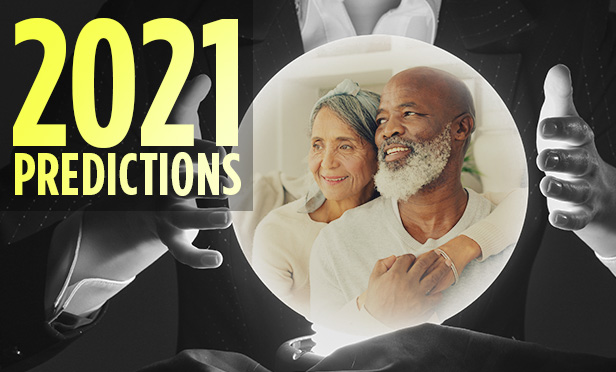 Graphic for predictions in 2021 with image of retired couple