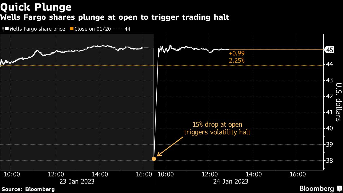 Bloomberg chart showing Quick Plunge | Wells Fargo shares plunge at open to trigger trading halt