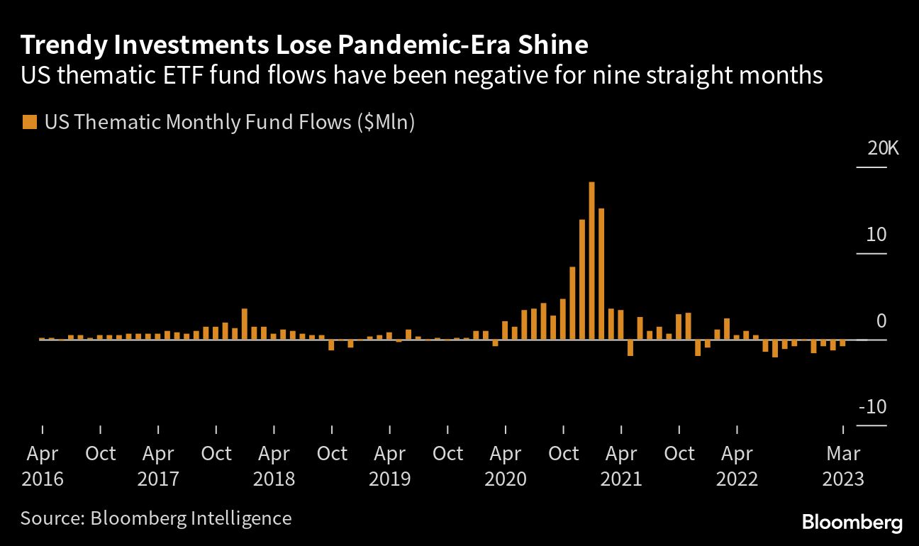 Bloomberg chart showing Trendy Investments Lose Pandemic-Era Shine | US thematic ETF fund flows have been negative for nine straight months