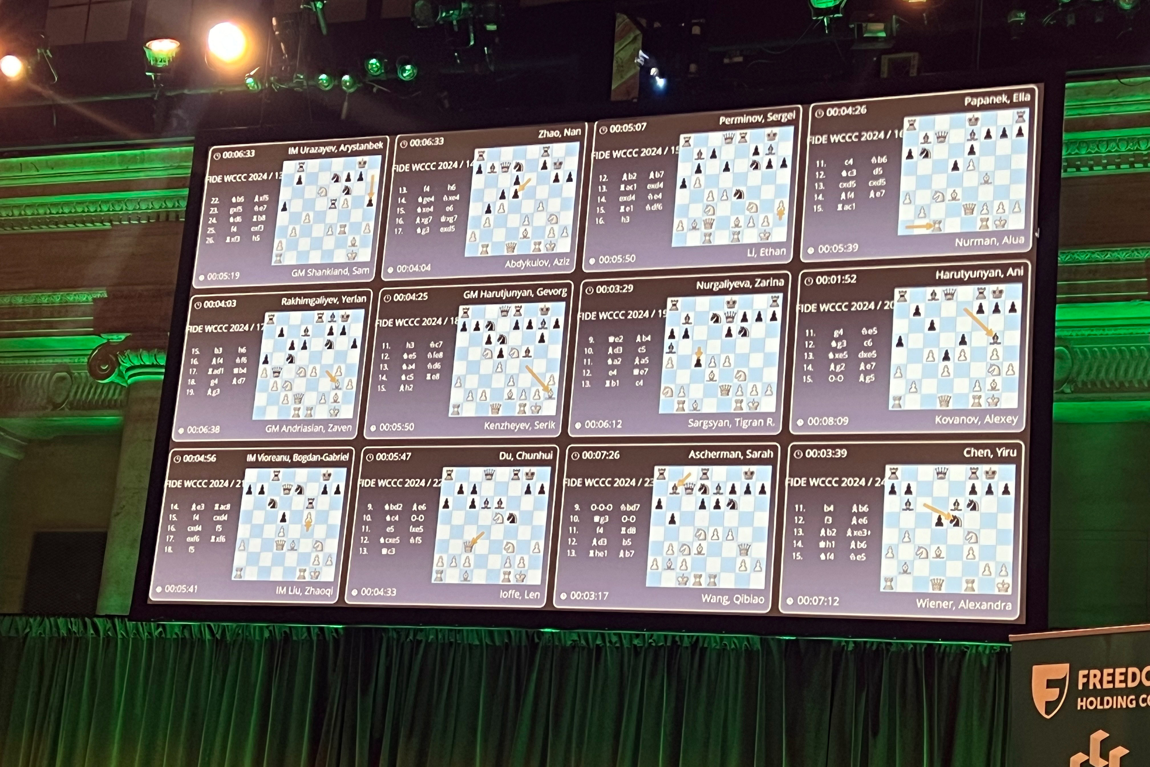 Each player's move was projected on a large screen mounted above the stage.